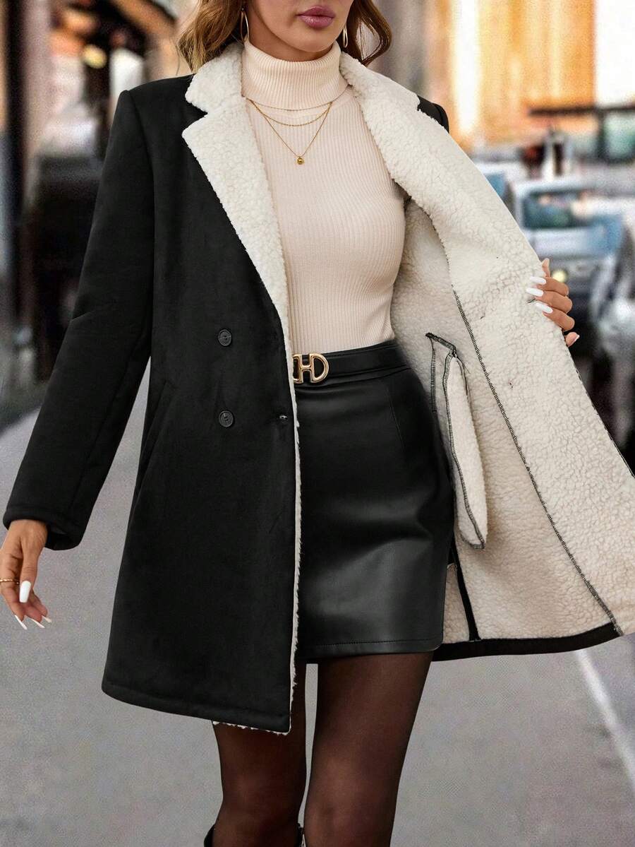 Editum 女士优雅高端翻领黑色大衣，秋季新款女士优雅多功能保暖内衬夹克，秋冬加厚外套，女士冬季外套，女士粗花呢外套，女士格子外套，女士冬季服装，女士外套，女士秋季服装，带绒里服装，女士冬季服装，绒里秋冬棉质长款保暖夹克