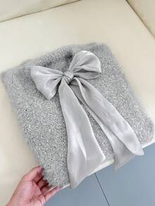 Franclia Women's Elegant Cute Sweet Lady Date Daily Thanksgiving Party Christmas New Year Simple Design Raglan Flared Sleeves Ribbon Tie Bow Solid Color Gray Pullover Floral Yarn Knitted Short Loose Plus Size Sweater Dress, Fall Winter