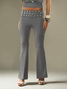 MISSGUIDED 女式铆钉腰带喇叭裤，带翻折腰带 - 灰色 - 查看 3