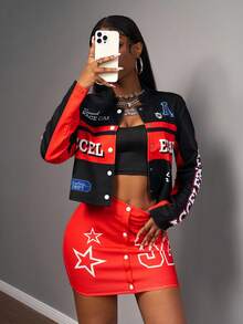 Slaydiva 2025 Winter, New Style, New Year, Valentine's Day, Party, Evening Gathering, Date, Gathering, Birthday Party, Preppy Style, Student Wear, Everyday Outing, Basic Versatile, Casual, Cruise Travel, Influencer Hot Style, Elegant, Commuter, Business Casual, Sexy Club, Y2K, Punk Racing, Girly Cool Motorcycle Style, Small Stand Collar Long Sleeve Letter Print Jacket + Tank Top + Mini Skirt, Winter Set, Christmas Set, New Year Set, Women's Three-Piece Set