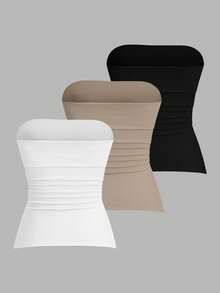 Sweetra 女式休闲百搭褶边侧开衩下摆抹胸式上衣 - 彩色 - 查看 2