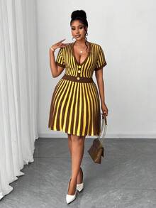 Maweii Plus Size Women's Sweater Dress,1950s Vintage Yellow Striped Cinched Waist A-Line Mini Dress, Knitted Everyday Autumn Dress,Punk Gothic Knitwear - Multicolor - View 5