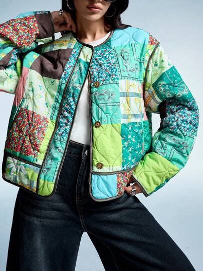 Aveloria Affinna Women's Casual Vacation Style Patchwork Print Single-Breasted Contrast Piping Padded Coat, Winter