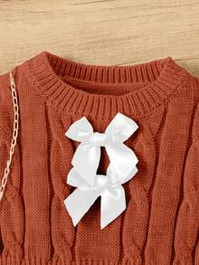 SHEIN Elladie kids 秋冬女童复古粗针织圆领腰A字蝴蝶装饰长袖毛衣裙，适合户外休闲穿着 - 棕色 - 查看 5