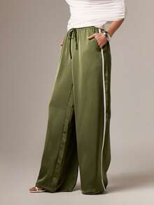AiiRZ High Waist Satin Wide Leg Palazzo Trousers With Drawstring Waist For Elegant Evening Occasions - Army Green - View 1