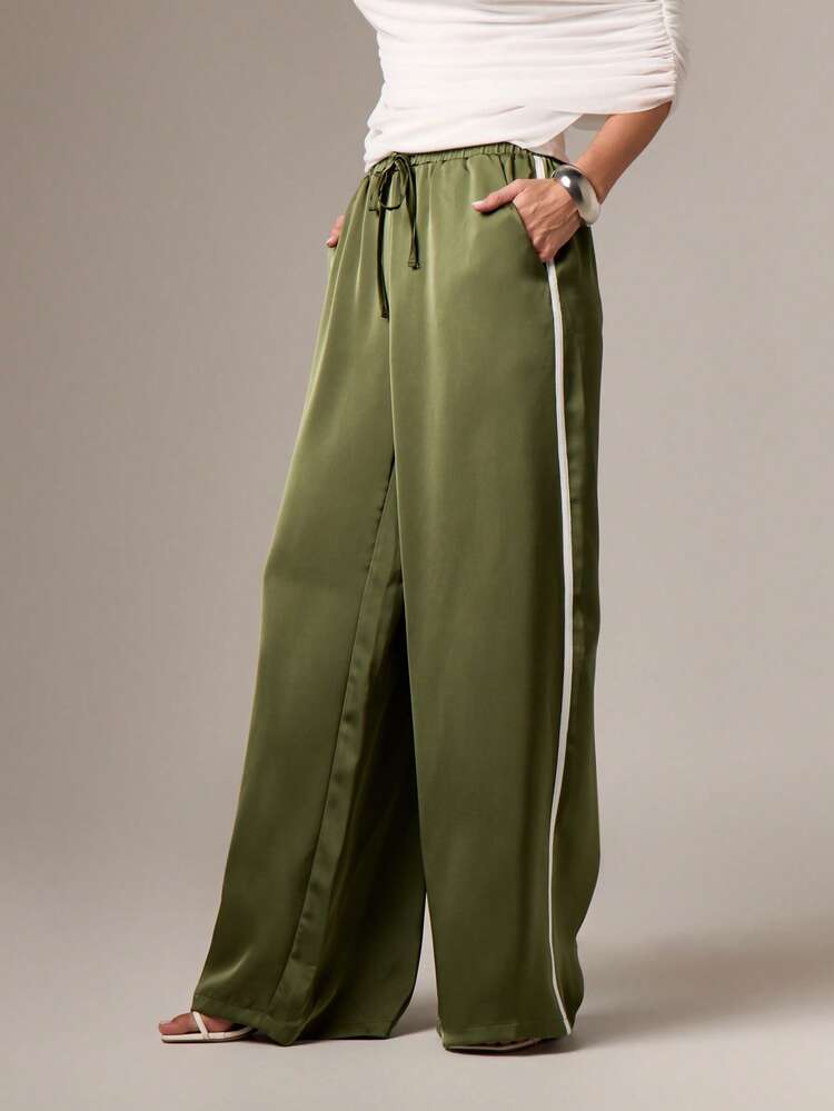 Satin Wide Leg Palazzo Trousers With Drawstring