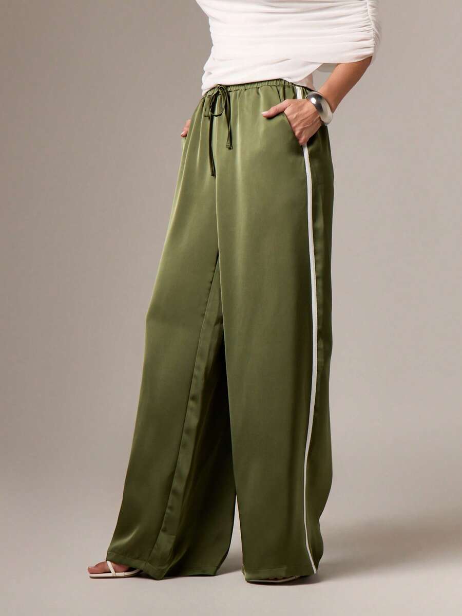 AiiRZ High Waist Satin Wide Leg Palazzo Trousers With Drawstring Waist For Elegant Evening Occasions - Army Green - View 1