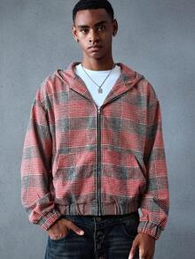 ROMWE MEN Prep Men's Plaid Hooded Jacket, Loose Cropped Style, Fall/Winter - Multicolor - View 1