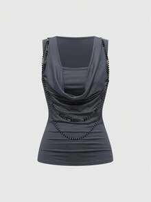 ROMWE Grunge Punk Y2K Vintage Beaded Decor Loose Draped Neck 2 In 1 Women Tank Top - Grey - View 1