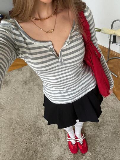 Muvela 女士新品 棉感条纹半拉链T恤 复古学院风、老钱风、谷仓风 秋冬必备条纹内搭 日常出游、姐妹聚会、休闲居家、舒适简约、机场穿搭