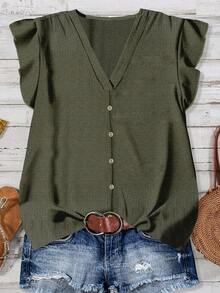 EMERY ROSE 加大码绿色纹理面料休闲简约衬衫，适合教师 - 軍綠色 - 查看 3