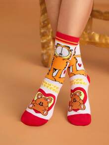 GARFIELD | SHEIN 2 双柔软透气吸湿排汗休闲女士中筒袜，带猫和熊图案，时尚可爱的白色和粉色中筒袜，加固脚趾和脚跟，经久耐用，适合所有季节，适合夏季和冬季，喜欢 - 彩色 - 查看 4