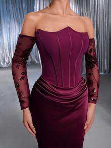 Glamrae Elegant Pink Strapless Asymmetric Neckline(Detachable)Luxurious Mesh Sequin Long Sleeve Ruched Satin Mermaid Tail Gown For Wedding Evening Party - Burgundy - View 5