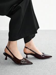 CUCCOO BIZCHIC Tacones de salón de punta fina con tira trasera, color café, de tacón de gatito, versátiles para uso diario, fiesta, salida casual y trabajo - Café integral - Ver 4