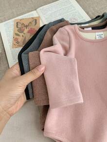 SHEIN Bộ 4 áo liền quần tay dài màu trơn dệt kim dễ thương cho bé gái, bộ đồ liền quần mùa thu/đông cho bé gái, quần áo liền quần cho bé gái, quần áo dài tay màu trung tính cho bé gái, quần áo cho bé gái mùa thu - Nhiều màu - Xem 5