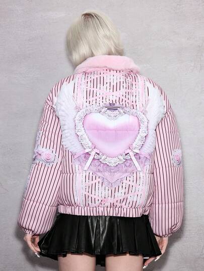 ROMWE Avant Women's Retro Cute Kawaii Aesthetic Ribbon Bow Heart Wing Print Plush Patchwork Padded Coat, Versatile