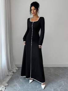 Elenzga Vestido casual elegante de mujer con cuello cuadrado, mangas raglán, cintura recogida y abotonadura decorativa en bloques de color, para otoño/invierno - Negro - Ver 5