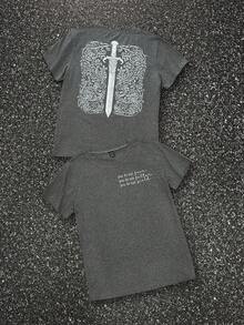 INAWLY Casual Sword Logo Printed Short Sleeve T-Shirt, Spring/Summer - Grey - View 1