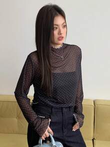 Dazy Plus 大码撞色拼接立领网纱波点透视衬衫T恤外出上衣女装 - 黑色 - 查看 4