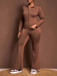 Slaydiva 2025 夏秋新款休闲简约棕色修身前开长袖侧拉链口袋T恤+高腰喇叭裤女两件套，适合日常旅行、返校、毕业、早午餐装、机场装、派对聚会、节日、旅行，简约、百搭、休闲-A - 棕色 - 查看 9