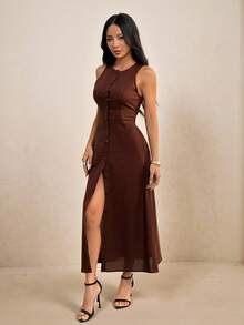 SHEIN PETITE Elegant Solid Color Front Button Sleeveless Dress, Summer,Thanksgiving Outfit For Women,Brown Skirt,Luxury Evening Dress For Women,Elegant Dresses For Ladies