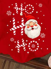 SHEIN Happikins Christmas Celebration, Santa Claus "HO HO HO" Cartoon Face Print Casual Crew Neck Short Sleeve T-Shirt For Young Girls, Suitable For Daily Wear, Christmas, New Year, Street Style, Home, Holiday, School Performance - Multicolor - View 5