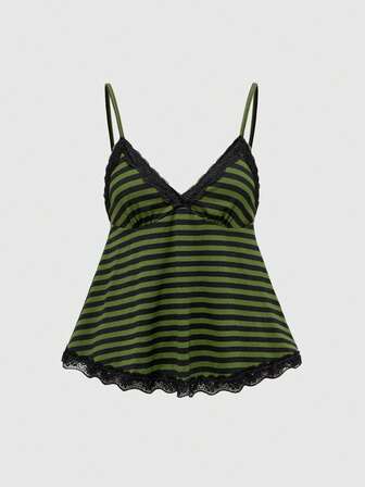 Kawaii Maglietta Y2K con scollo a V, spalline sottili in pizzo a righe e colori a contrasto, canotta estiva da donna in stile punk sexy