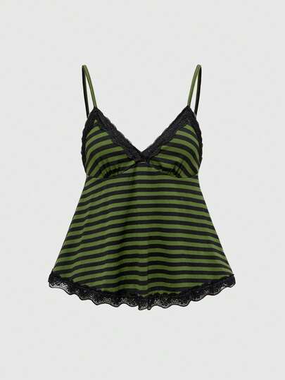 ROMWE Kawaii Y2K V-Neck Striped Contrast Color Lace Spaghetti Strap T-Shirt, Sexy Punk Style Women Summer Camisole
