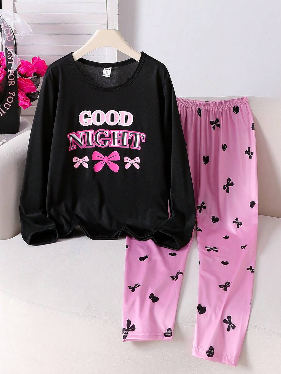 女童字母蝴蝶结印花长袖上衣和全印花蝴蝶结牛奶丝面料舒适裤子睡衣套装 - 黑色 - 查看 1