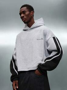 PLAYBOY X SUMWON 超大号短款连帽衫，配有抽绳兜帽和兔子徽标图案印花套头衫 - 灰色 - 查看 5