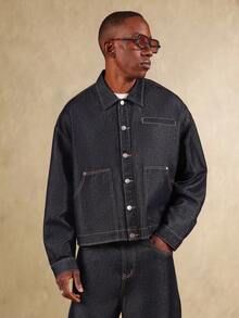 SUMWON Men's Cropped Carpenter Long Sleeve Denim Shirt Button Down Dark Wash Cotton Workwear Utility Jacket With Pockets Plain - Navy Blue - View 2