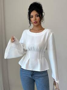 Rafferiza 女士秋冬时尚束腰衬衫，纯色休闲衬衫 - 米色 - 查看 3