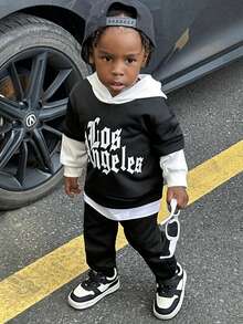 SHEIN 2pcs Baby Boy Autumn/Winter Outfit, Funny Pattern Black Main Body With White Hooded Top And Pants Lining, Suitable For Halloween, Birthday, Christmas, School, Baby Boy Clothing Set - Multicolor - View 5