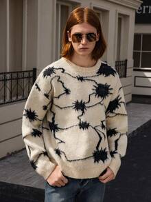 Manfinity CasualKnits 男士休闲日常通勤宽松套头毛衣，全身图案，秋冬 - 卡其色 - 查看 5