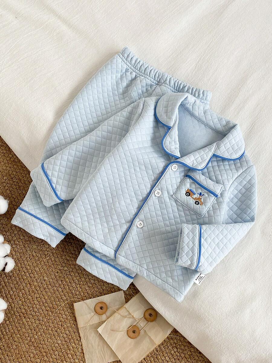 2pcs Baby Boys Autumn/Winter Outfit, Plaid Fleece Cardigan With Pockets & Cartoon Car Embroidery, Long Sleeve Top And Pants Set Baby Boy Blue Set Baby Car Outfit Blue Baby Boy Pajama Set Quilted Baby Boy Outfit - Blue - View 1