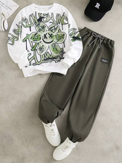 2pcs/Set Fashion White Hoodie Paired With Olive Green Pants, Stylish Outfit For Tween Boy The Hoodie Features Green Placement Print, Soft & Comfortable Fabric, Suitable For Spring/Autumn Wear, Versatile For School, Outings And More.