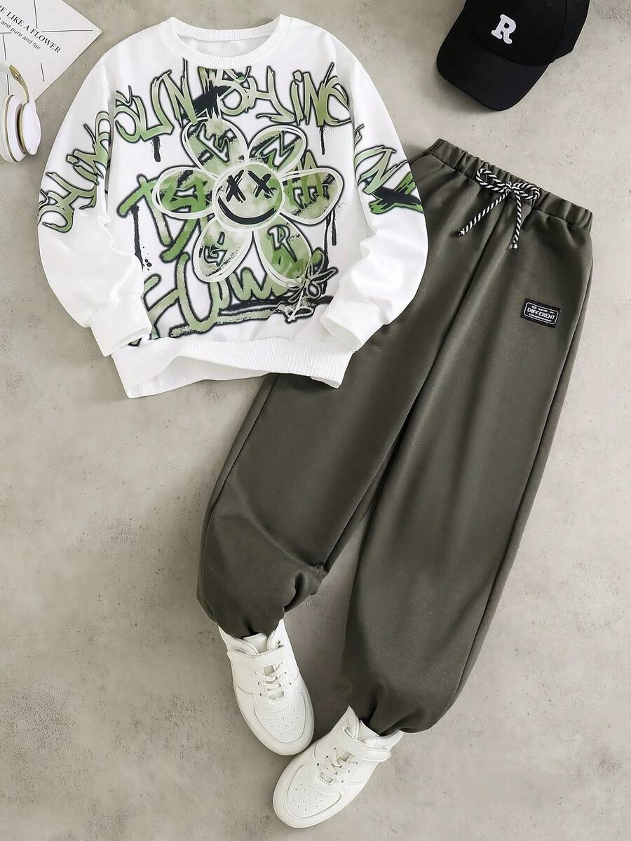 2 件/套时尚白色连帽衫搭配橄榄绿色裤子，适合青少年男孩的时尚服装，连帽衫采用绿色定位印花，面料柔软舒适，适合春秋季穿着，适合上学、郊游等。 - 軍綠色 - 查看 1