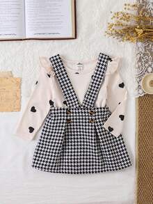 SHEIN Top à manches longues avec motif de cœur en tricot côtelé vintage doux pour bébé fille + Jupe salopette pied-de-poule, convient pour les sorties quotidiennes et les rassemblements familiaux, automne/hiver