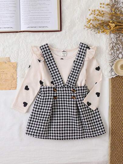 SHEIN Baby Girl Vintage Sweet Rib Knit Heart Pattern Crew Neck Long Sleeve Top + Houndstooth Pinafore Skirt, Suitable For Daily Outings And Family Gatherings, Autumn/Winter