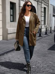 EMERY ROSE 大码女式秋季休闲拉链棕色连帽风衣，收腰轻便连帽风衣，带口袋，适合秋季、冬季、复古风、外出、圣诞节、新年等多种场合，也适合感恩节等节日穿着。 - 棕色 - 查看 8