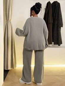 Maweii 大码女式毛衣套装，纯色，浅灰色，深V领纽扣长袖上衣+长裤 - 淺灰色 - 查看 2