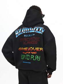 SUMWON Sudadera con capucha de ajuste cuadrado con gráficos de juegos vibrantes y capucha con cordón para uso casual en la calle - Negro - Ver 7