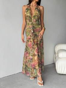 SHEIN Tall Váy maxi voan xẻ cao cổ chữ V sâu họa tiết hoa xanh lá cây và hồng thời trang xuân/hè, váy đi biển, váy thanh lịch gợi cảm, thích hợp mặc nhiều lớp vào mùa thu/đông, trang phục dự tiệc và hẹn hò, mọi mùa - màu xanh lá - Xem 7