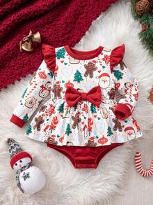 SHEIN Baby Mädchen Weihnachts-Cartoon-Muster gestrickter Schleife Langarm Herbst Winter Bodysuit - Verschiedenfarbig - Übersicht 1