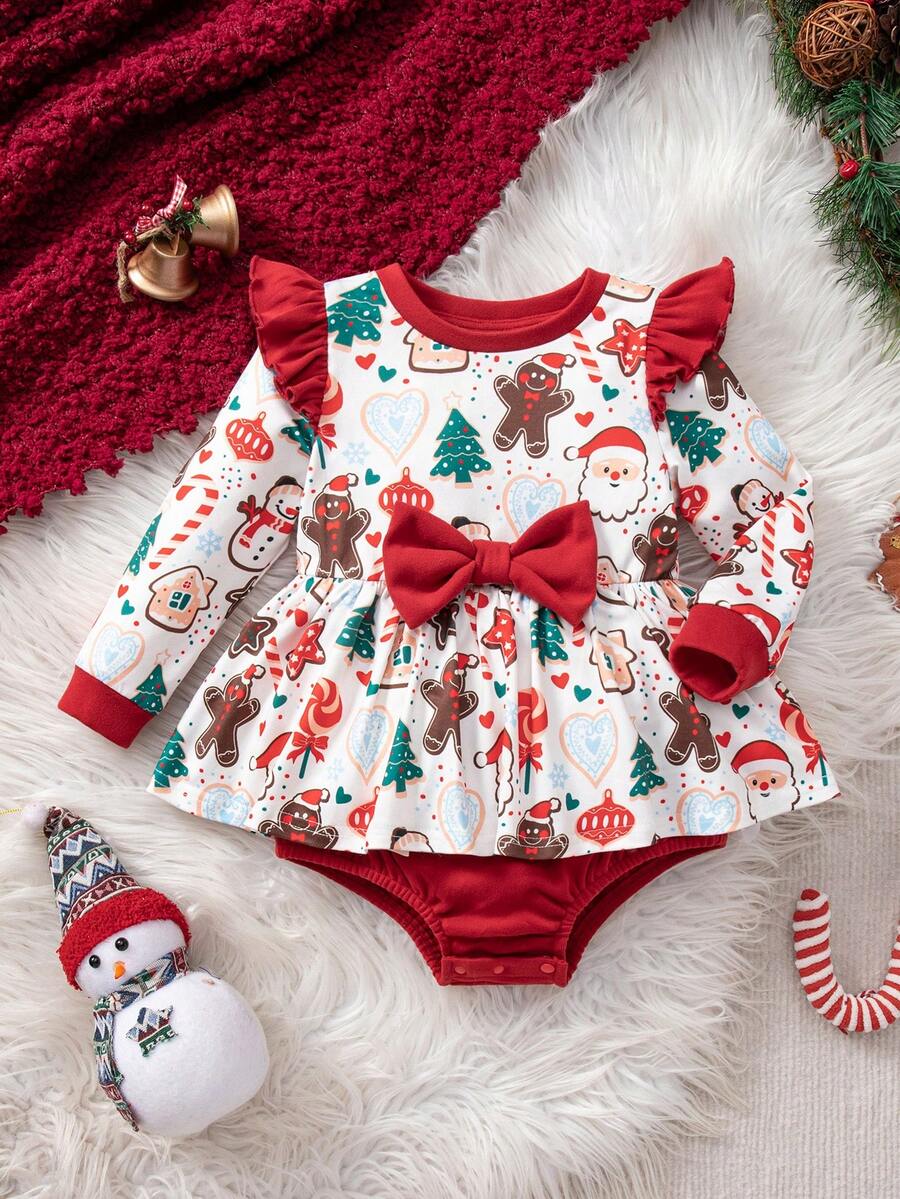 SHEIN Baby Mädchen Weihnachts-Cartoon-Muster gestrickter Schleife Langarm Herbst Winter Bodysuit - Verschiedenfarbig - Übersicht 1