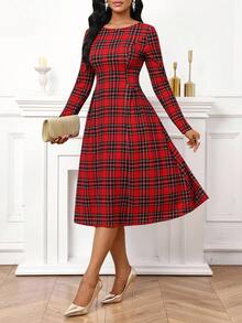 SHEIN Lady 女式格子圆领长袖优雅中长连衣裙 - 紅色 - 查看 9