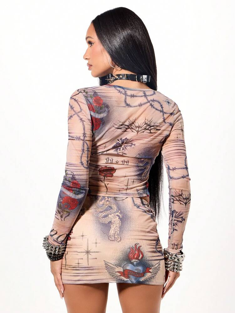 SUMWON WOMEN Mesh Long Sleeve Top With Tattoo Print