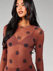 MISSGUIDED Polka Dot Mesh Bodysuit Long Sleeve Sheer See Through Fitted Top Fall Winter Party Club