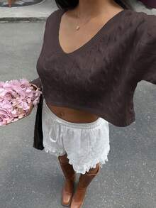 Flirla 女式性感V领落肩长袖短款毛衣，秋冬 - 巧克力棕 - 查看 4