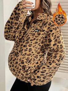 SHEIN Maternity Autumn And Winter Pregnant Women's Letter & Leopard Print Fleece Half-Zip Casual Sweatshirt, Autumn/Winter Leopard Print - Brown - View 5